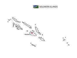 Hand draw thin black line vector of Solomon Islands Map with capital city Honiara on white background.