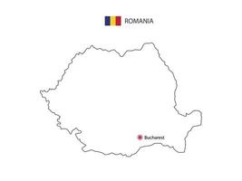 Hand draw thin black line vector of Romania Map with capital city Bucharest on white background.