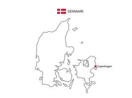 Hand draw thin black line vector of Denmark Map with capital city Copenhagen on white background.