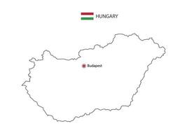 Hand draw thin black line vector of Hungary Map with capital city Budapest on white background.