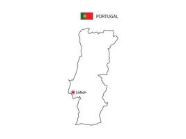 Hand draw thin black line vector of Portugal Map with capital city Lisbon on white background.