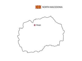 Hand draw thin black line vector of North Macedonia Map with capital city Skopje on white background.