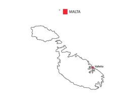 dibujar a mano el vector de línea negra delgada del mapa de malta con la ciudad capital valletta sobre fondo blanco.