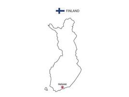 Hand draw thin black line vector of Finland Map with capital city Helsinki on white background.