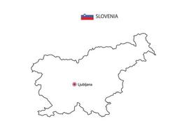 Hand draw thin black line vector of Slovenia Map with capital city Ljubljana on white background.