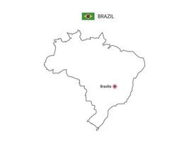 Hand draw thin black line vector of Brazil Map with capital city Brasilia on white background.