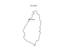 Hand draw thin black line vector of St. Lucia Map with capital city Castries on white background.