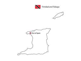 Hand draw thin black line vector of Trinidad and Tobago Map with capital city Port of Spain on white background.