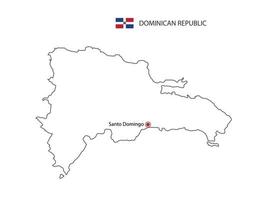 Hand draw thin black line vector of Dominican Republic Map with capital city Santo Domingo on white background.