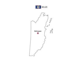 Hand draw thin black line vector of Belize Map with capital city Belmopan on white background.
