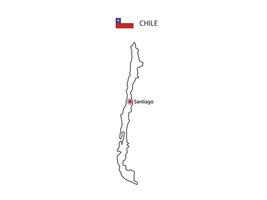 dibujar a mano el vector de línea negra delgada del mapa de chile con la ciudad capital santiago sobre fondo blanco.
