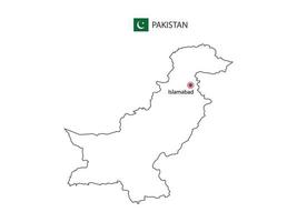 dibujar a mano el vector de línea negra delgada del mapa de pakistán con la ciudad capital islamabad sobre fondo blanco.