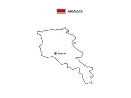 Hand draw thin black line vector of Armenia Map with capital city Yerevan on white background.