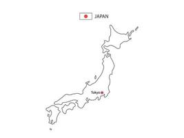 Hand draw thin black line vector of Japan Map with capital city Tokyo on white background.
