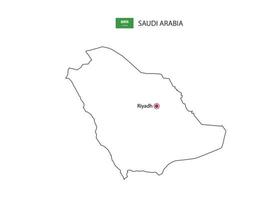 dibujar a mano el vector de línea negra delgada del mapa de arabia saudita con la ciudad capital riyadh sobre fondo blanco.