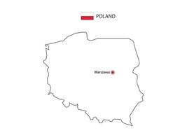 Hand draw thin black line vector of Poland Map with capital city Warszawa on white background.