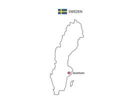 Hand draw thin black line vector of Sweden Map with capital city Stockholm on white background.