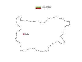 Hand draw thin black line vector of Bulgaria Map with capital city Sofia on white background.