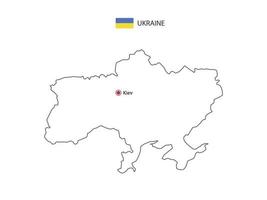 Hand draw thin black line vector of Ukraine Map with capital city Kiev on white background.