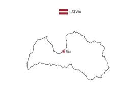 Hand draw thin black line vector of Latvia Map with capital city Riga on white background.