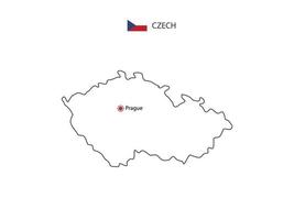 Hand draw thin black line vector of Czech Republic Map with capital city Prague on white background.