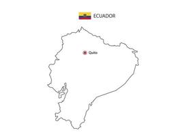 Hand draw thin black line vector of Ecuador Map with capital city Quito on white background.