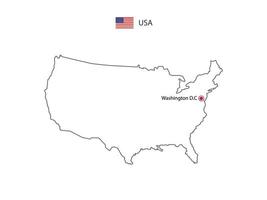 Hand draw thin black line vector of United States of America Map with capital city Washington D.C on white background.