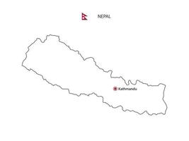 Hand draw thin black line vector of Nepal Map with capital city Kathmandu on white background.