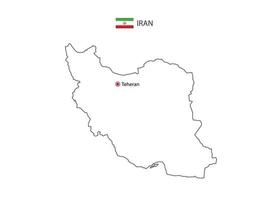 Hand draw thin black line vector of Iran Map with capital city Teheran on white background.