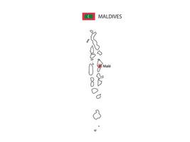 Hand draw thin black line vector of Maldives Map with capital city Male on white background.