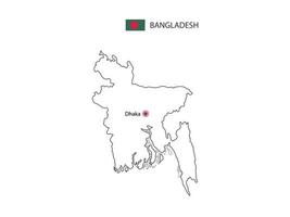 Hand draw thin black line vector of Bangladesh Map with capital city Dhaka on white background.