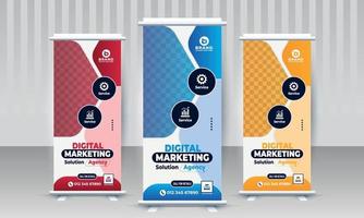 creativo moderno corporativo marketing digital negocio standee x rollup pullup señalización diseño de banner retráctil variante de tres colores rojo azul naranja plantilla vectorial vector