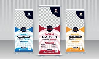 negocio de marketing digital corporativo creativo moderno standee x rollup pullup señalización diseño de banner retráctil variante de tres colores rojo azul naranja plantilla de vector