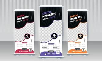 negocio de marketing digital corporativo moderno standee x rollup pullup señalización diseño de banner retráctil tres variantes rojo violeta naranja color vector plantilla