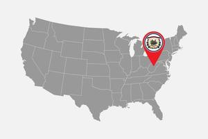Map pointer with flag of West Virginia. Vector illustration.