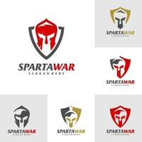 conjunto de vector de logotipo de guerrero espartano de escudo. plantilla de diseño de logotipo de casco espartano. símbolo de icono creativo