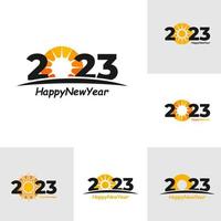 Set of Happy New Year 2023 text with Sun design concept. Cover of business diary for 2023 with wishes. Brochure design template, card, banner. Vector illustration. Isolated on white background.