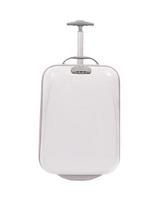 Front view of silver travel suitcase standing over white background photo