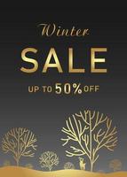 Winter sale poster, black and gold. Vip gift business card. Trees, snow, deer, text. Luxury vector illustration for voucher, special offer, coupon, discount, greeting banner.
