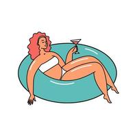 Young woman in a swimsuit with a cocktail on a rubber circle. Beach summer doodle style illustration vector