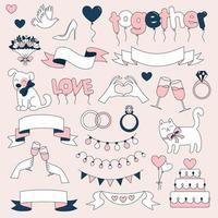 Set of wedding elements. Simple icons. Decoration of a wedding celebration. Doodle vector illustration