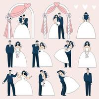 Set of wedding couples in different poses. The bride and groom under the wedding arch. Doodle vector illustration
