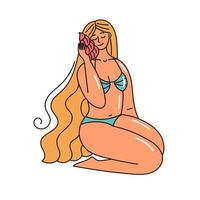 Girl in a swimsuit, summer beach vacation. Woman at the sea. Body positivity and self-love. Beautiful people. Doodle style illustration vector