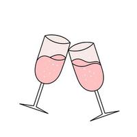 Two glasses of champagne, sparkling wine. simple wedding icon. Vector illustration in doodle style