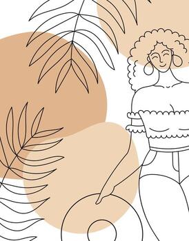 Abstract summer poster. Beach background, line art design with abstract spots. Outline illustration vector