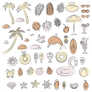 Set of beach summer elements. Abstract design. Outline illustration vector