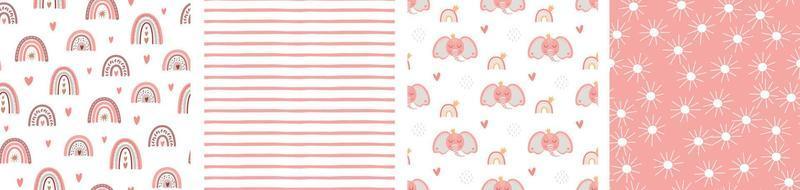 Pink baby girl pattern set. Girl pink sweet background. Pink vector seamless design. Baby rainbow, elephant princess, stripped pattern collection Pink childish print illustration. Cute baby textile.