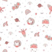 Pink baby girl pattern. Pink baby print with cute animals, stars, planets, rainbow textile design. Sleeping koala, zebra, giraffe faces safari animal. Nursery seamless pattern. Vector illustration.