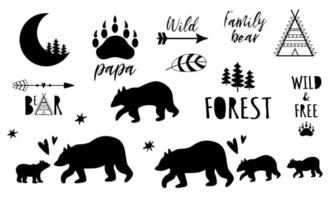 Bear Family set. Forest Papa, Mama bear, Sister Baby bear black shapes. Cute bear prints. Pharses with paw. Cute wildlife animals great for mothers, fathers day graphic elements. Vector illustration.