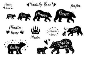 Bear Family bundle set. Papa, Mama bear, Sister Baby bear black shapes. Cute bear prints. Pharses with paw. Cute wildlife animals great for mothers, fathers day elements. Vector illustration.